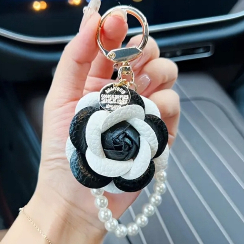 Camellia Keychain Bag Charm with faux Pearls Gold-tone Hardware